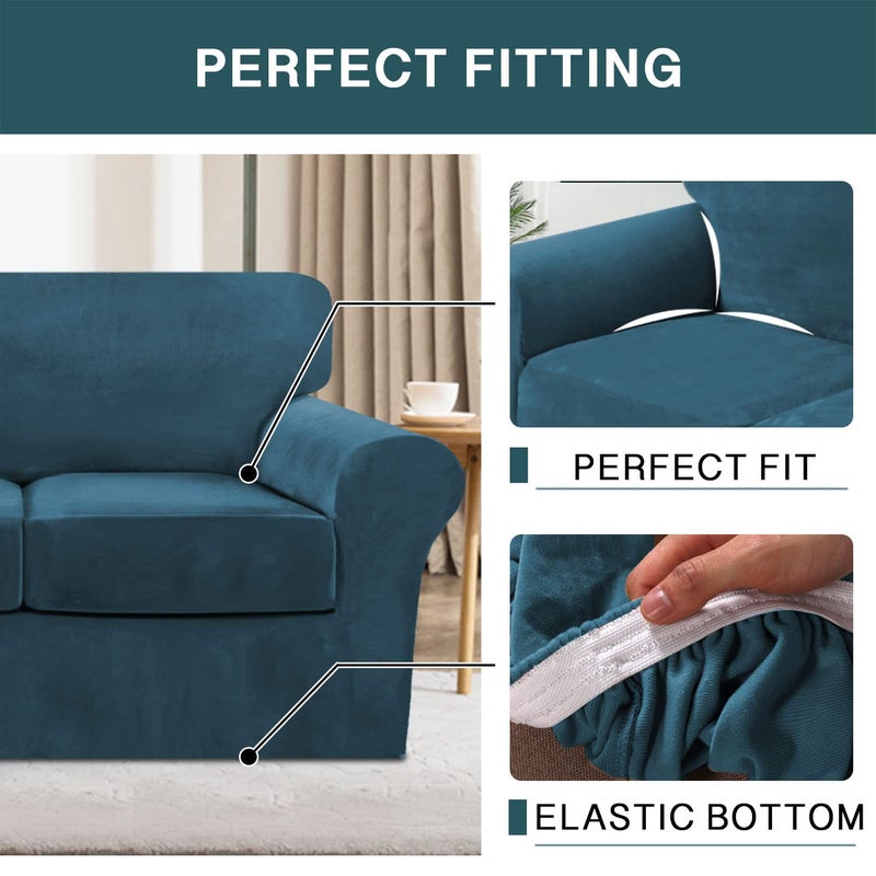 FantasDecor 4 Piece Sofa Velvet Couch Covers for 3 Cushion Stretch Slipcover with Individual Seat Cushion Elastic Furniture Protector for Pets, Machine Washable (Sofa, Deep Teal) - Image 5